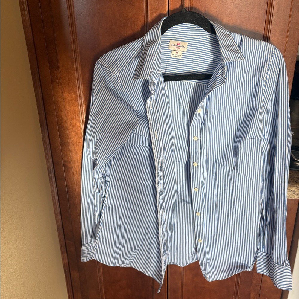 J.Crew women's blue and white striped button-down shirt.